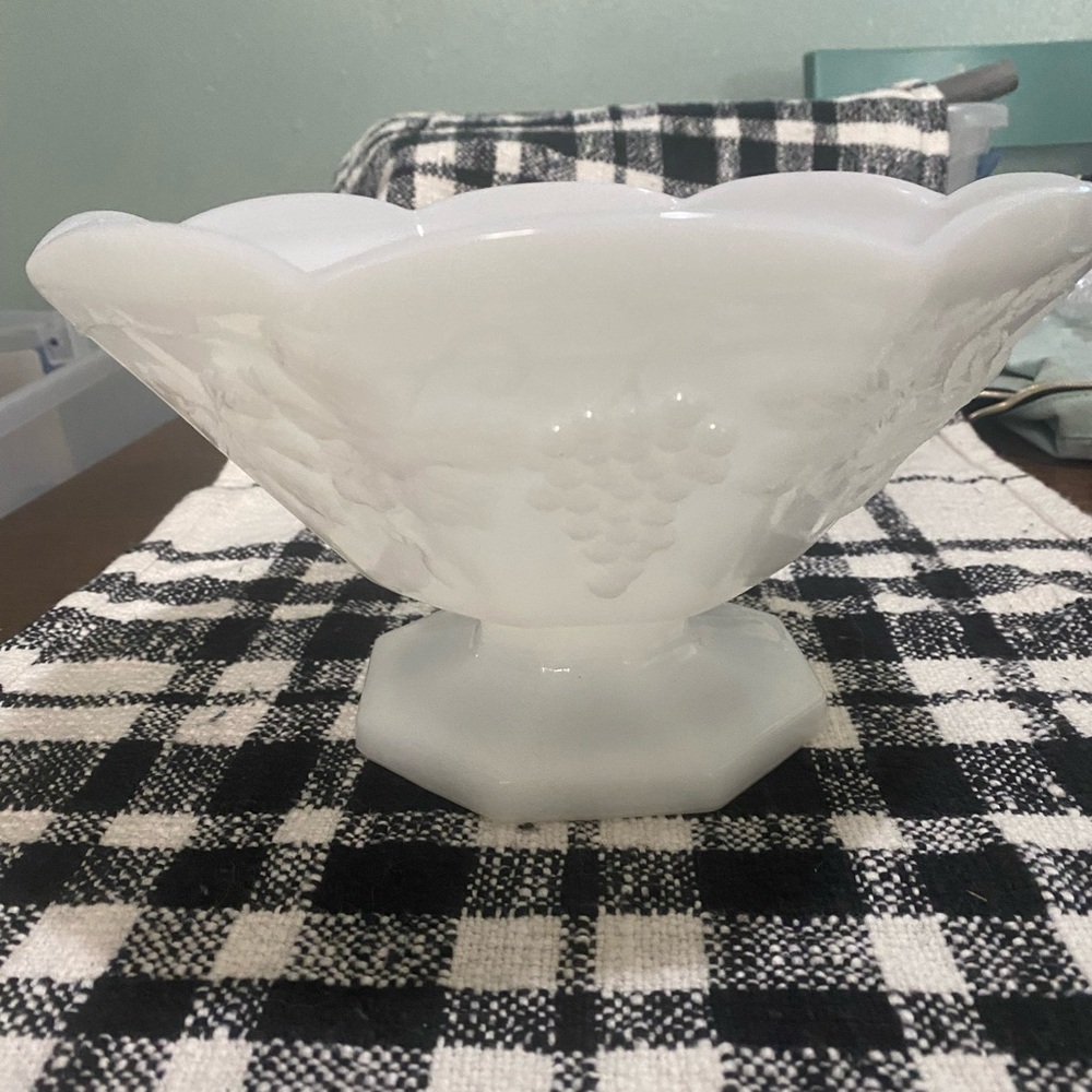 Vintage Anchor Hocking White Milk Glass Pedestal Bowl in Grapevine pattern.